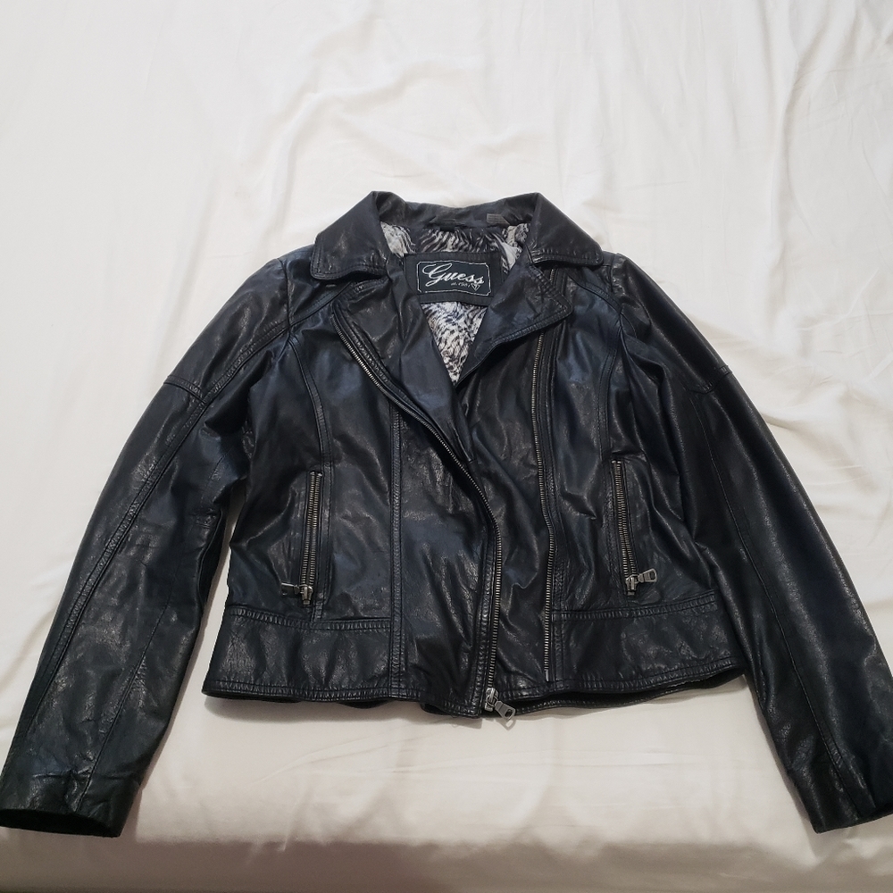 Vintage Guess Black Leather Jacket Size M Gunmetal Hardware